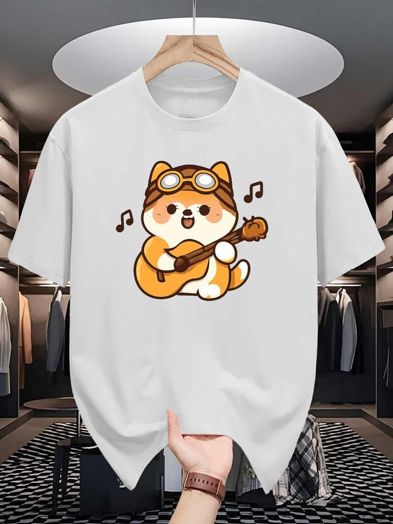 Unisex Crew Neck Tee Cute Shiba Inu Playing Guitar Graphic Print Soft Cotton Loose Short Sleeve Summer Casual Male Streetwear Tops