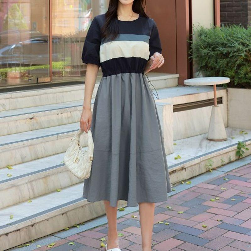 

Plus Size Women s Clothing Chubby Girl K-style round Neck Multicolor Fashion Loose Adjustable Waist Trimming Short-Sleeved Mid-Length Dress Dress Navy blue(Figure) 5XL