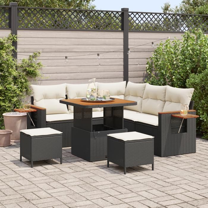 Ensemble de 8 pièces de canapé de jardin avec coussins noir en rattan poly acacia, Ensemble de salle à manger de jardin 3363170