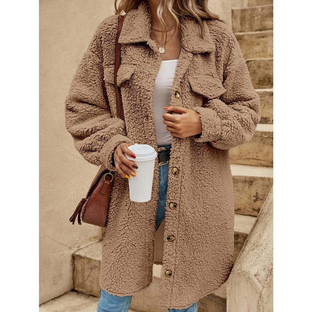 Women's Winter Long Loose Plush Coat, Turn-down Collar Buttoned Open Front Oversized Warm Overcoat for Women, European & American Style