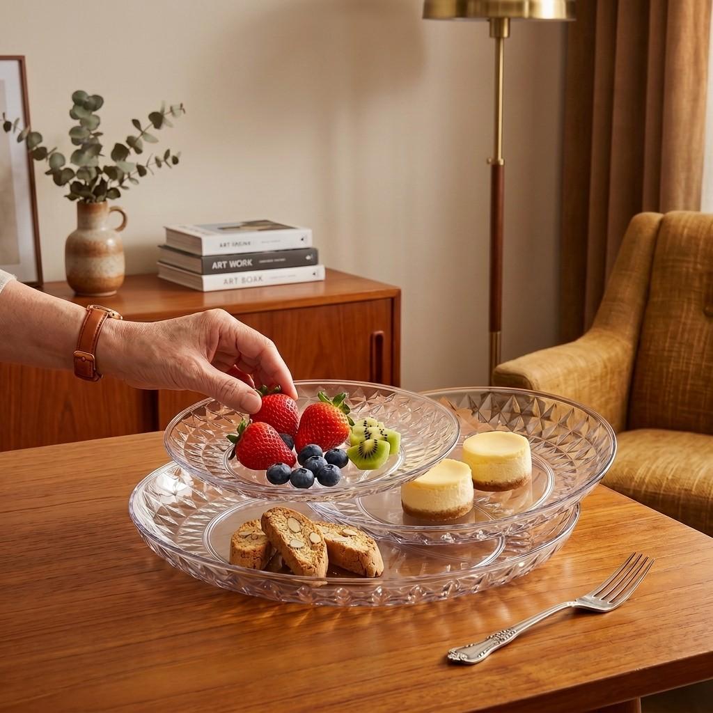 Clear Plastic Serving Tray Round Decorative Tray Home Food Fruit Plate Cake Snack Dish Stackable Kitchen Organizers Storage Tray