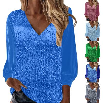 Womens Sequin Tops V Neck Sparkly Glitter Blouses Loose Long Sleeve Holiday Evening Party Shiny Dressy Shirts