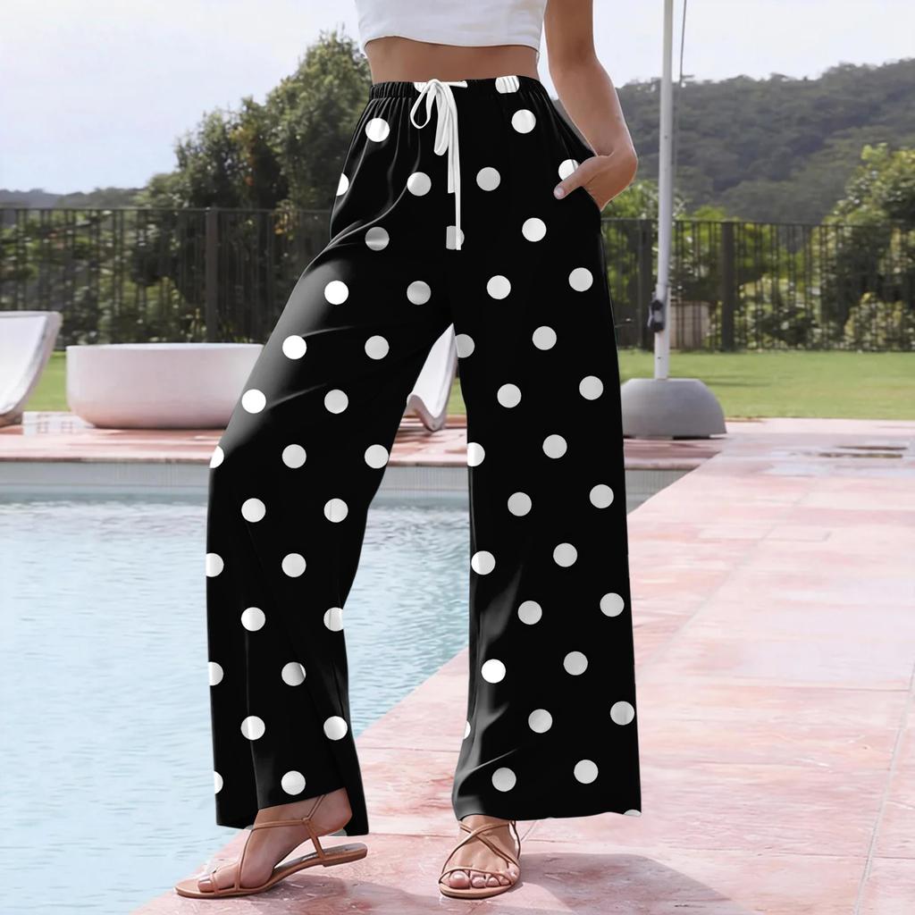 Women's Casual Dot Print Wide Leg Drawstring Pocket Beach Casual Pants