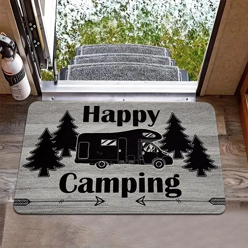 VIKAMA Happy Camping RV Doormat Camper Van Pine Tree Non Slip Absorbent Floor Mat Camper Trailer Outdoor Entryway Home Decor Mat