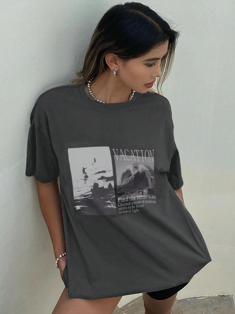 Women Summer T Shirt Vacation Wave Print Tee Casual Short Sleeve Crew Neck Top Trendy Comfortable Loose Top