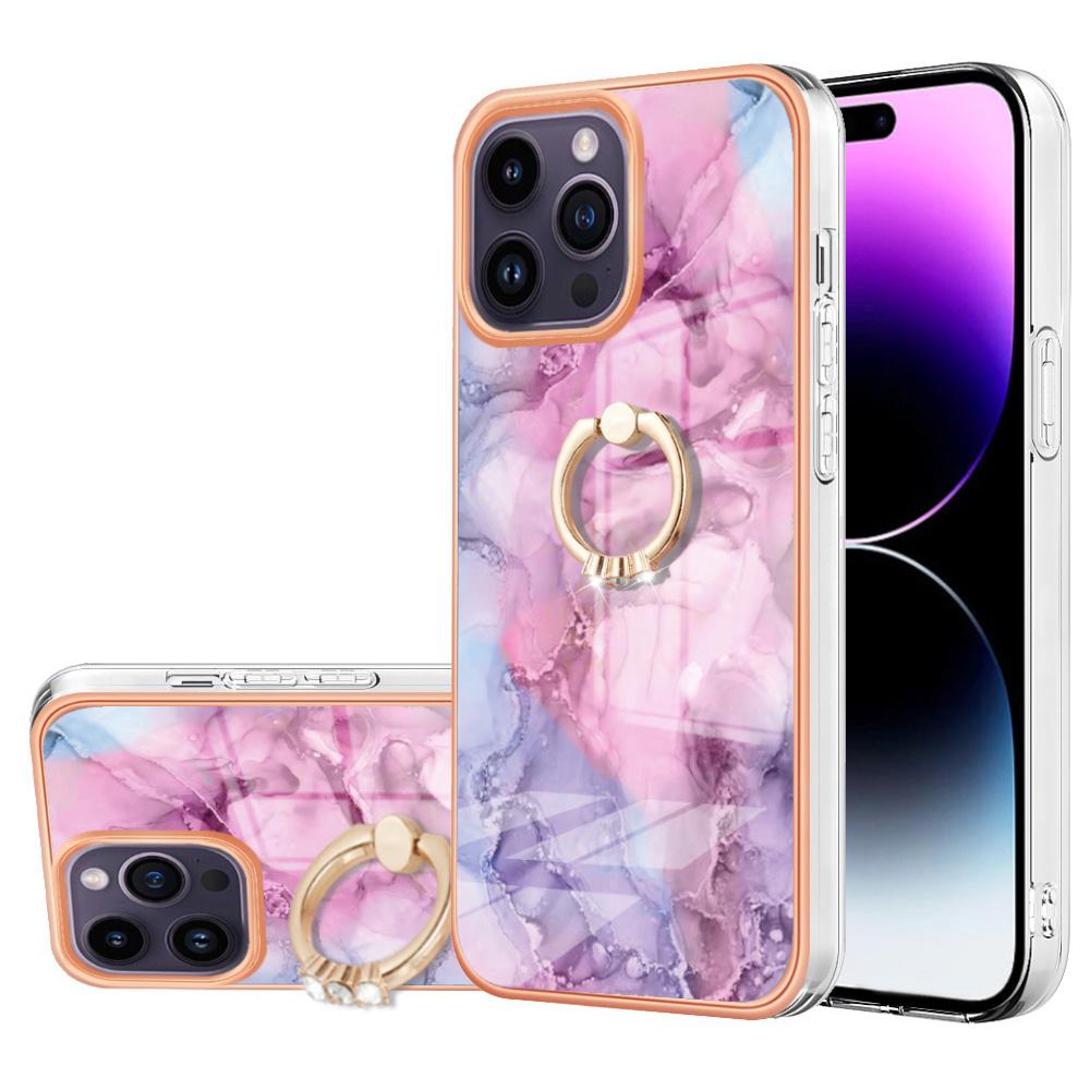 YB IMD Series-17 Style-E for iPhone 15 Pro Max Ring Kickstand 2.0mm TPU Phone Case IMD Marble Pattern Back Cover
