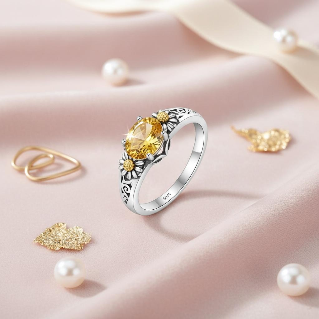 Women's 925 Silver Yellow Synthetic Zircon Ring Elegant Fashion Daisy Inlaid Synthetic Zircon Suitable for Proposal, Engagement, Wedding Ring