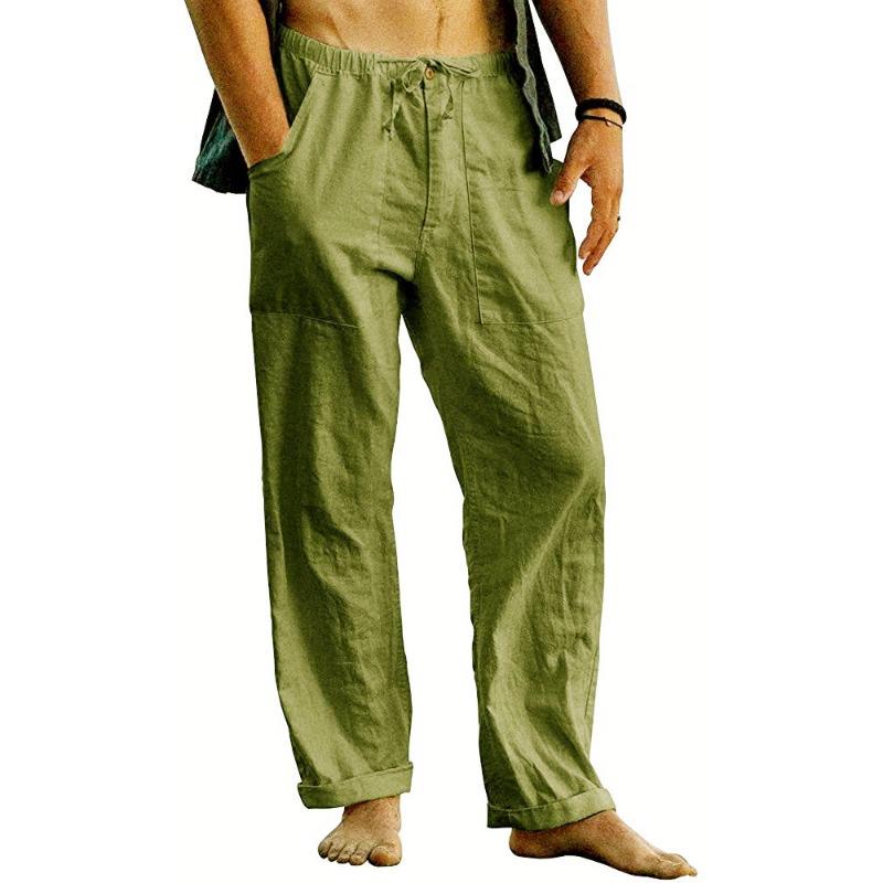 Cotton and Linen Pants Yoga Beach Loose Casual Pants Waist Drawstring with Pocket Men’s Casual Pants