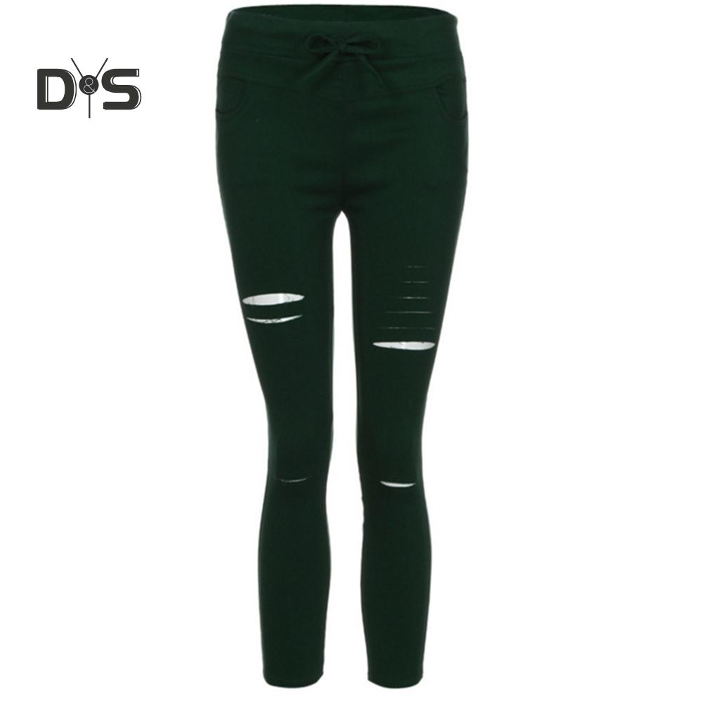 DYS Women Clothing Plus Size Drawstring High Waist Pencil Pants Ripped Skinny Leggings