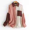 Women's Cotton Linen Color Block Loose Fit Long-sleeved Shirt - Elegant Drop Shoulder Design