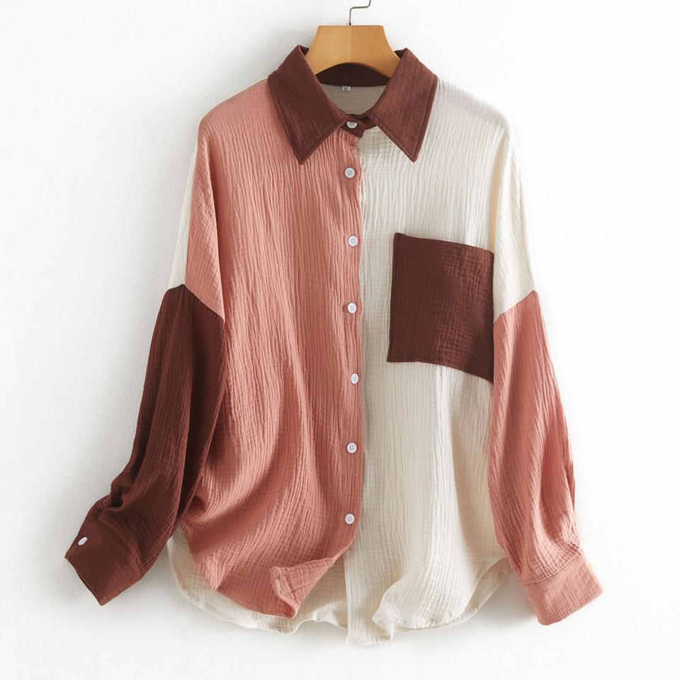 Women's Cotton Linen Color Block Loose Fit Long-sleeved Shirt - Elegant Drop Shoulder Design