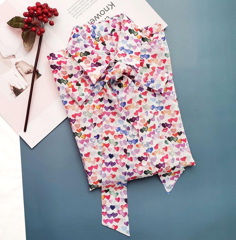 Clearance Women's Silk Long-Sleeve Shirt with Colorful Heart Print & Removable Bow