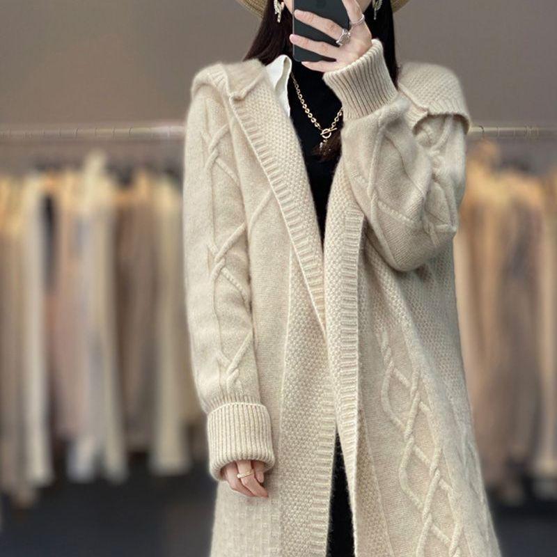 Women's Thick Cable Knit Hooded Coat - Mid-Length, Over-the-Knee, Autumn/Winter Outerwear