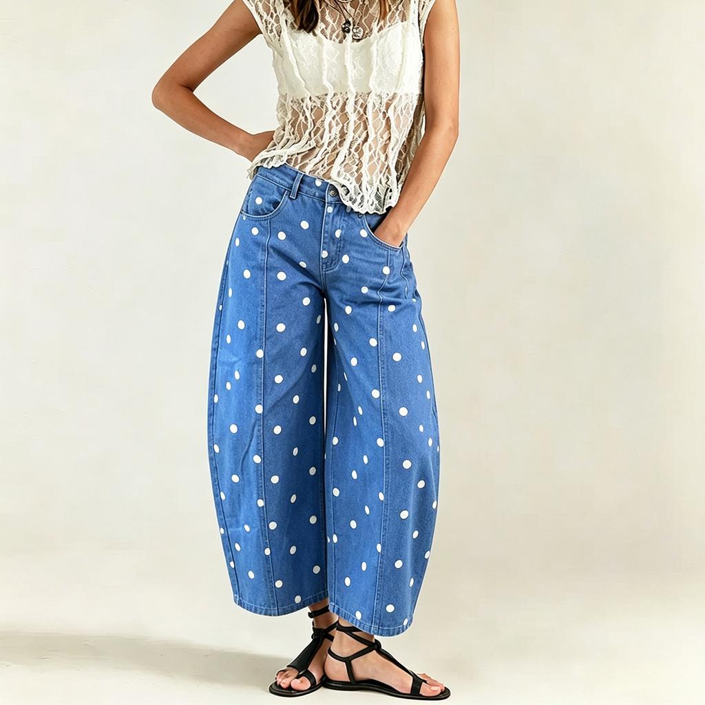 Jeans Cropped Feminino de Bolinhas com Caimento Médio Solto para Uso Casual Diário