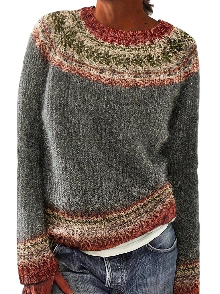 Women's 2026 Retro Color Block Knitwear: Long Sleeve, Comfortable, Versatile Round Neck Sweater