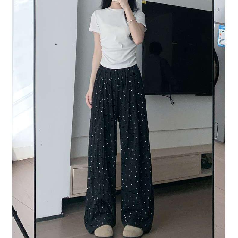 Blaue gepunktete Damen Sommerhose mit weitem Bein, dünn, lässig, aus Eisseide im Yamamoto-Stil