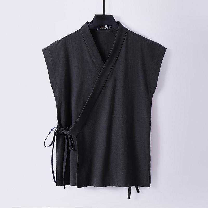 Men's Spring and Summer Cotton Linen Tank Tops Sleeveless Tang Suit Tops Cardigan Solid Vintage Hanfu Vest Male