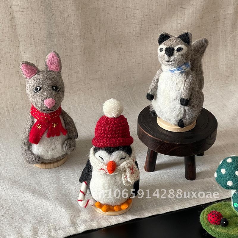 Handmade Wool Felt Penguin Rabbit Mushroom Ornaments Cute Animal Home Decoration Doll with Base