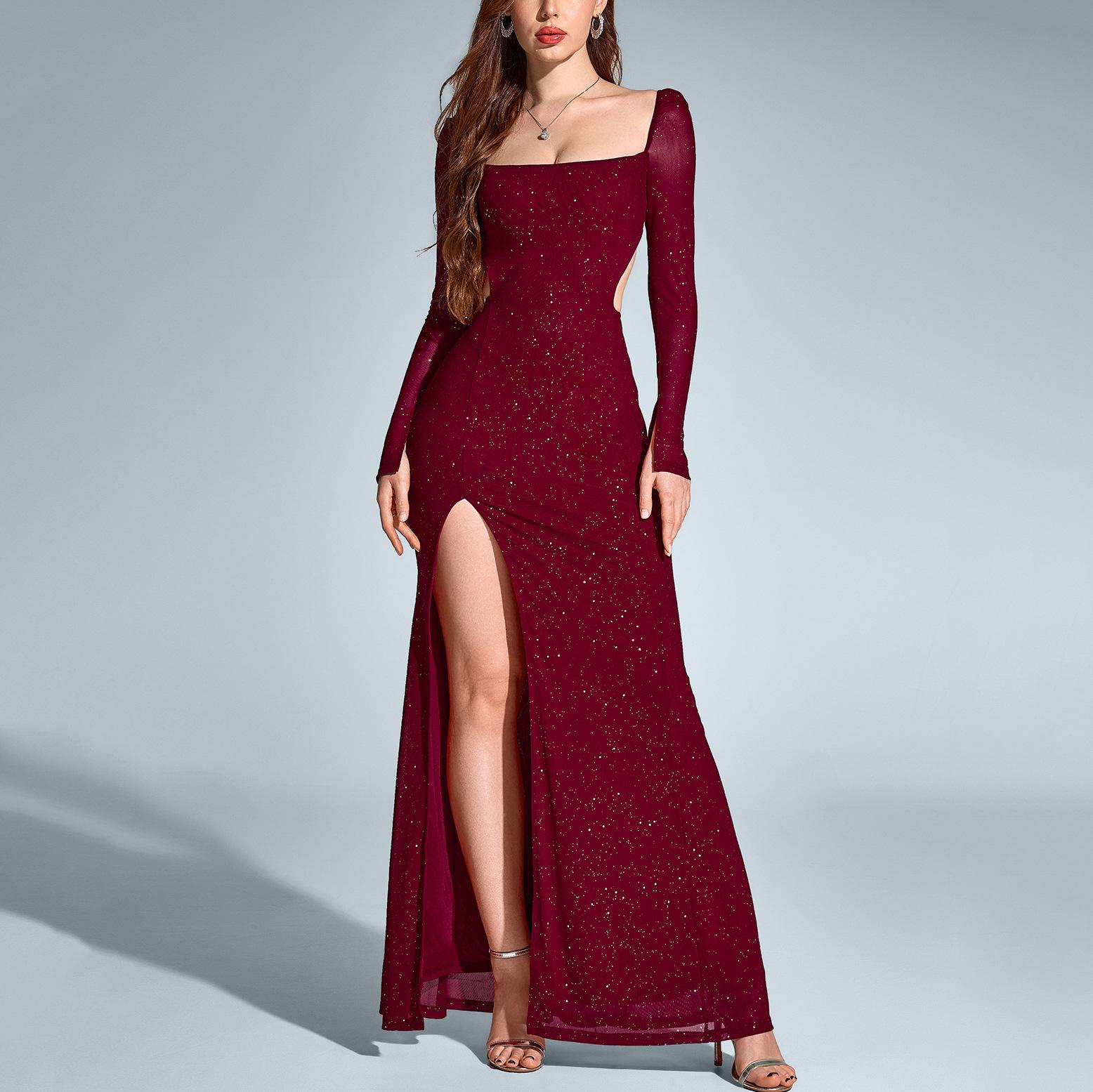 Mesh sprinkling silver dress, European and American sexy high split backless square neck long-sleeved dress long dress XS