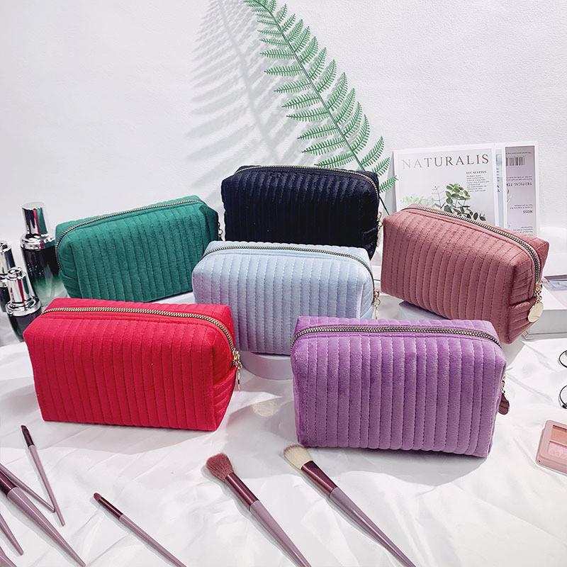 Borsa da Trucco a Strisce in Velluto Peluche con Cerniera per Viaggio e Uso Quotidiano Donna
