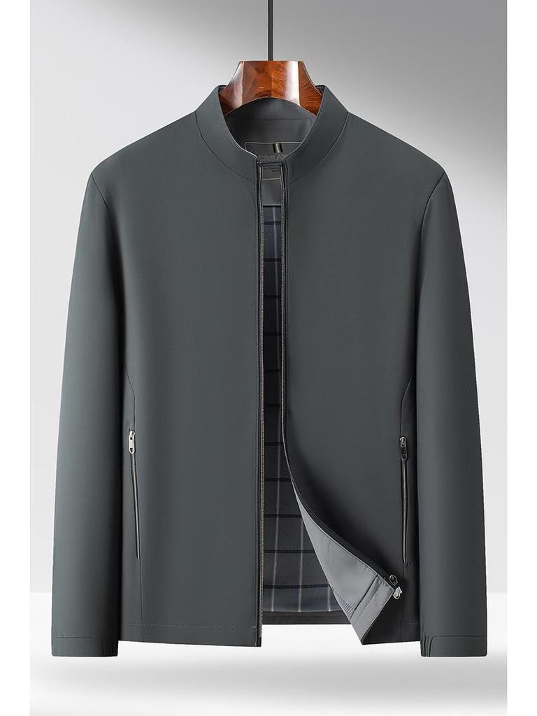 Men's Solid Color Stand Collar Zipper Jacket - Business Casual for Middle-aged and Elderly