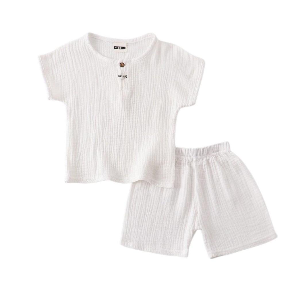 Kids' Cotton-Linen Summer Set: Short Sleeve Top & Shorts - Unisex Baby and Toddler Two-Piece Solid Color