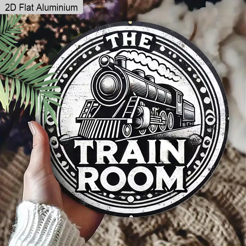 2D Flat AluminumVintage Train Room Round Metal Sign for Entryway, Bar, Cafe, Club, Kitchen, Pre-Drilled Holes for Easy Hanging, gifts for Teens