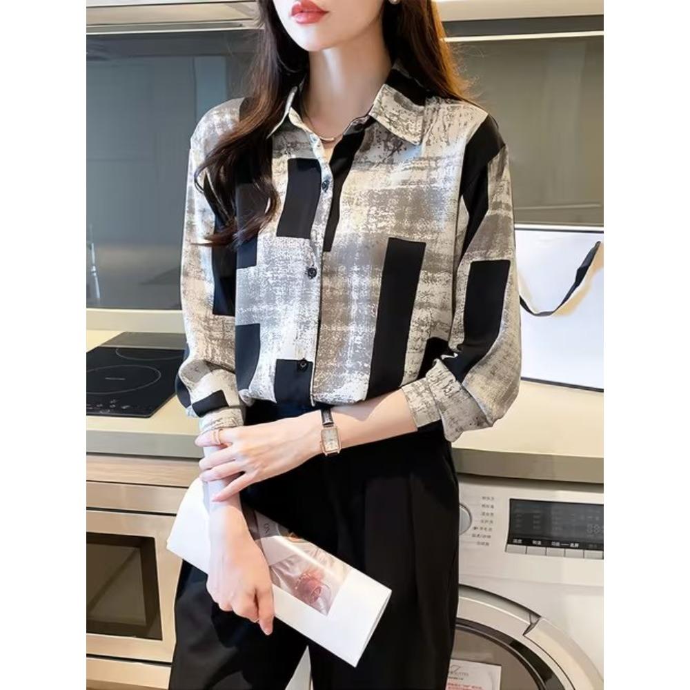 Chemise à motif géométrique pour femme Printemps Automne Femme Dame de bureau Boutonnée Col rabattu Chemises