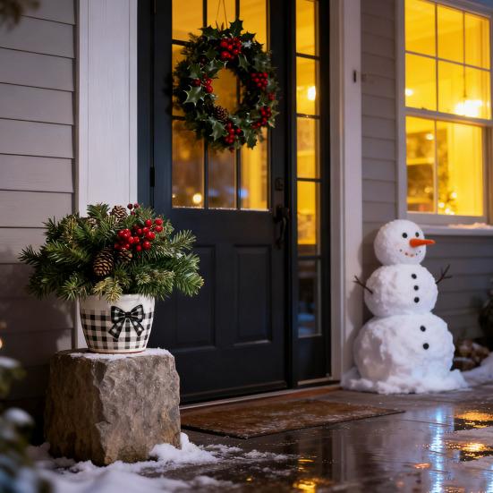 18 Inch Lighted Artificial Christmas Urn Filler Pre-lit Xmas Pine Tree with Cones Red Berries Small Christmas Tree with Tripod Stake for Porch