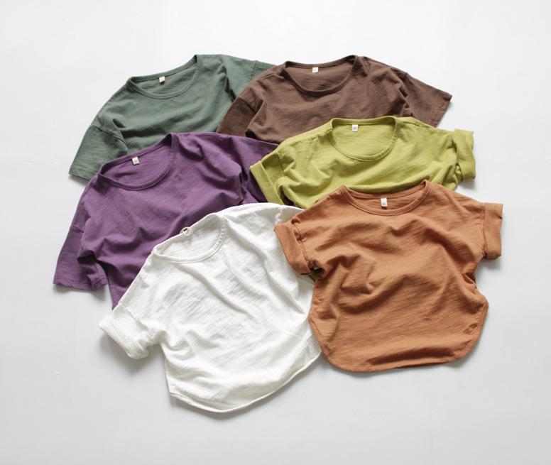 2025 Herbst Kinder Koreanischer Stil Rundhals T-Shirt, Locker geschnitten, Kurzarm, Baumwolle, für Mädchen & Jungen