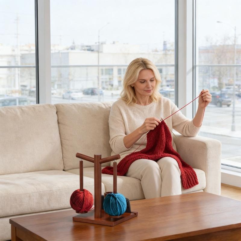 Natural Wood Craft Organizers With Mobile Device Mount Two Spindles For Knitting Crochet And Home Decoration