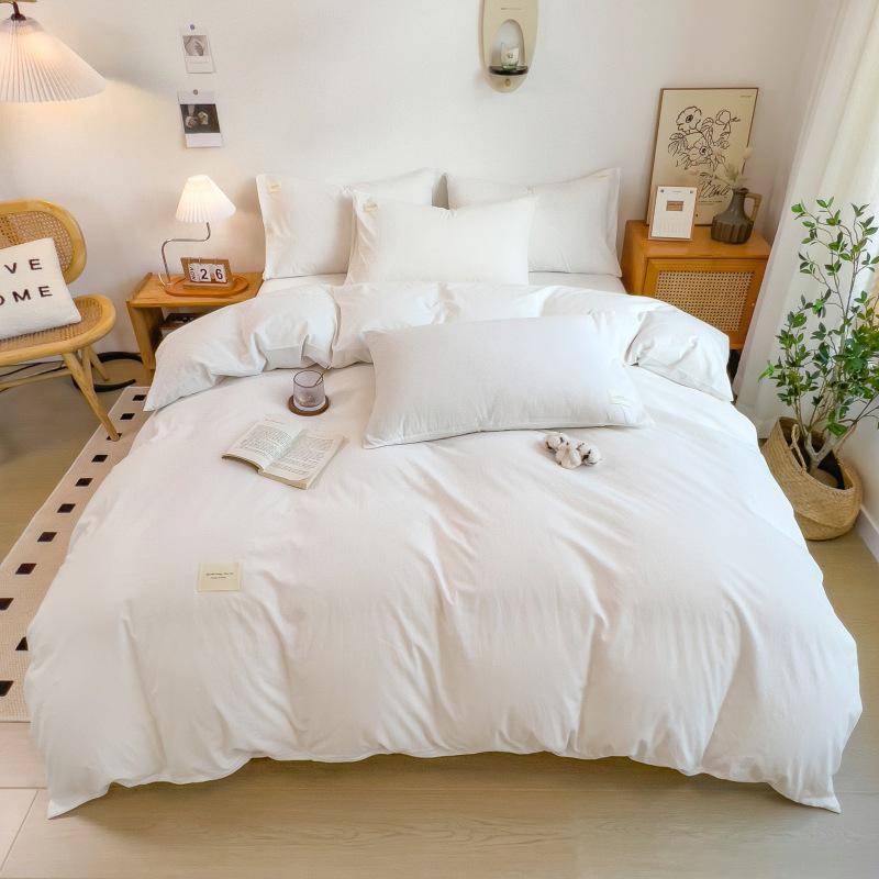 Muji-Inspired Plaid Water-Washed Cotton Duvet Cover Set - Minimalist Brushed Four-Piece Bedding Set