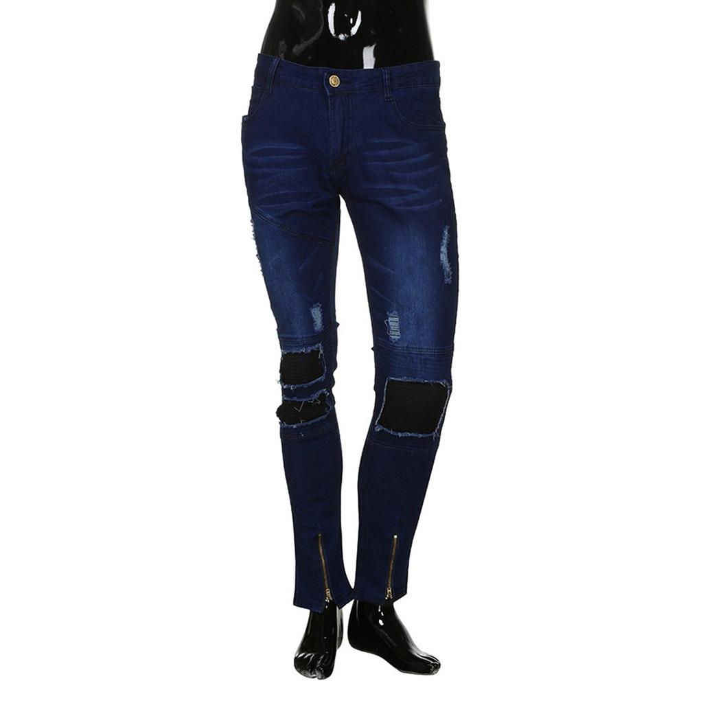 Men Slim Biker Zipper Denim Jeans Skinny Frayed Pants Distressed Rip Trousers