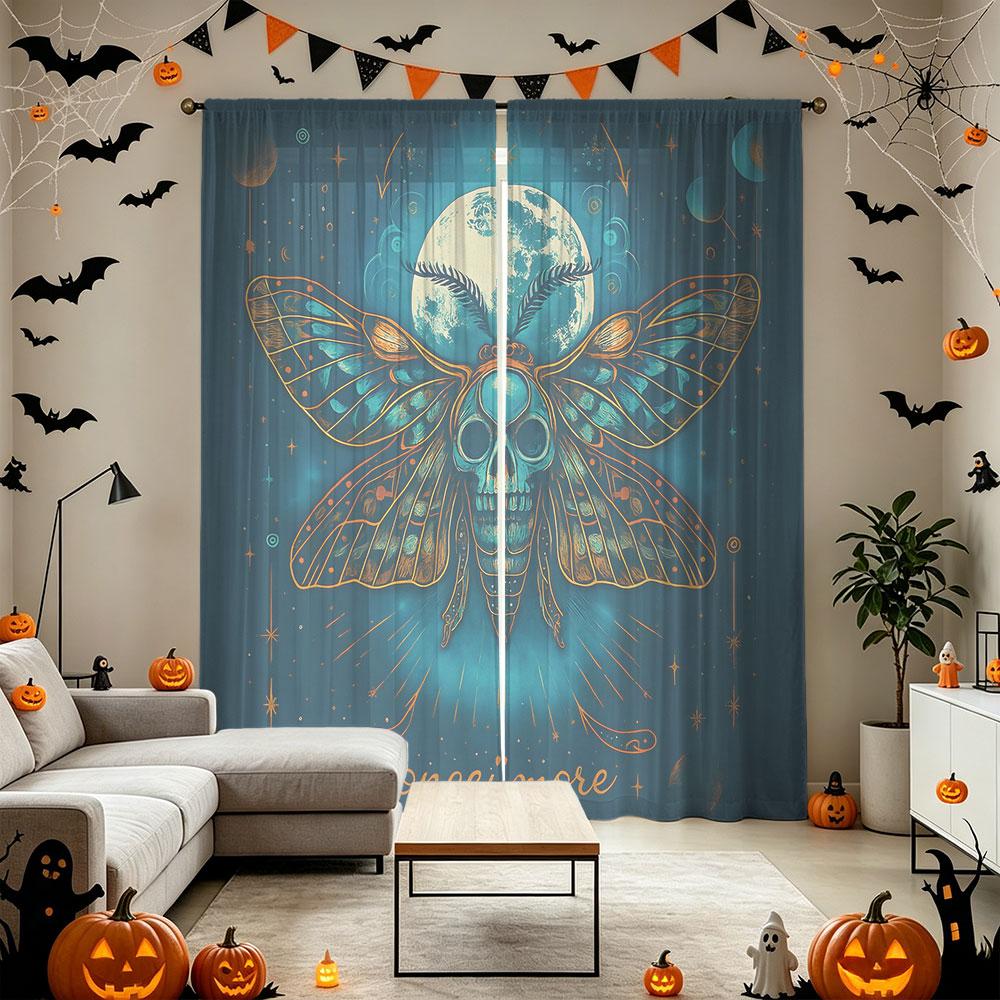 2Pcs Skeleton Moth Once More Print Rod Pocket Curtains, Blackout Privacy Window Curtains for Living Room Bedroom, Door Curtai