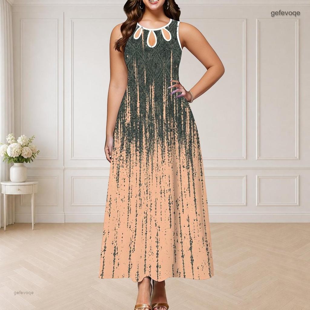 Women Plus Size Round Neck Triple Keyhole Cutout Sleeveless Abstract Printed Long Dress