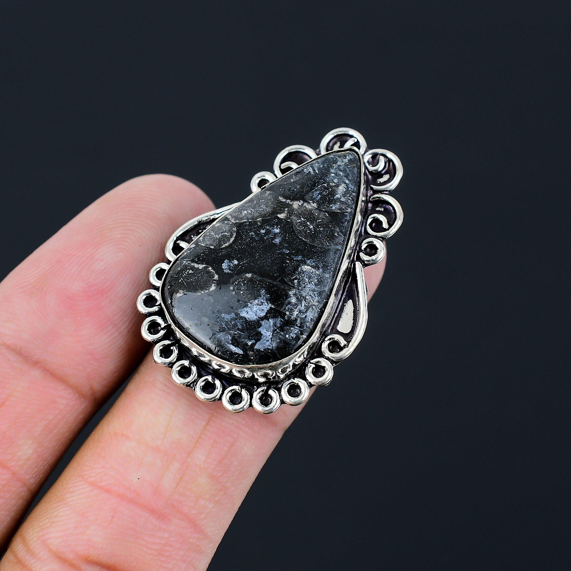 Sterling Silver Pear Black Fossil Coral Stone Solitaire Wife Ring Jewelry US 7.5 7.5