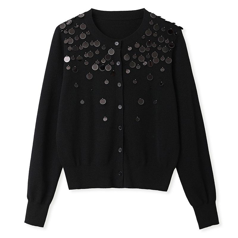 

Женский черный топ с пайетками, длинным рукавом и круглым вырезом - Осенний свободный, стройнящий N9002 Small чёрный