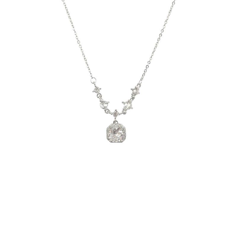 S925 Silver Zircon Clavicle Necklace with Sugar Cube Pendant - Luxury Jewelry for Girls
