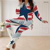 Women Plus Size Half Zip Long Sleeve Printed Eagle Star Stripe Two Piece Set Longline Top Fitted Pants