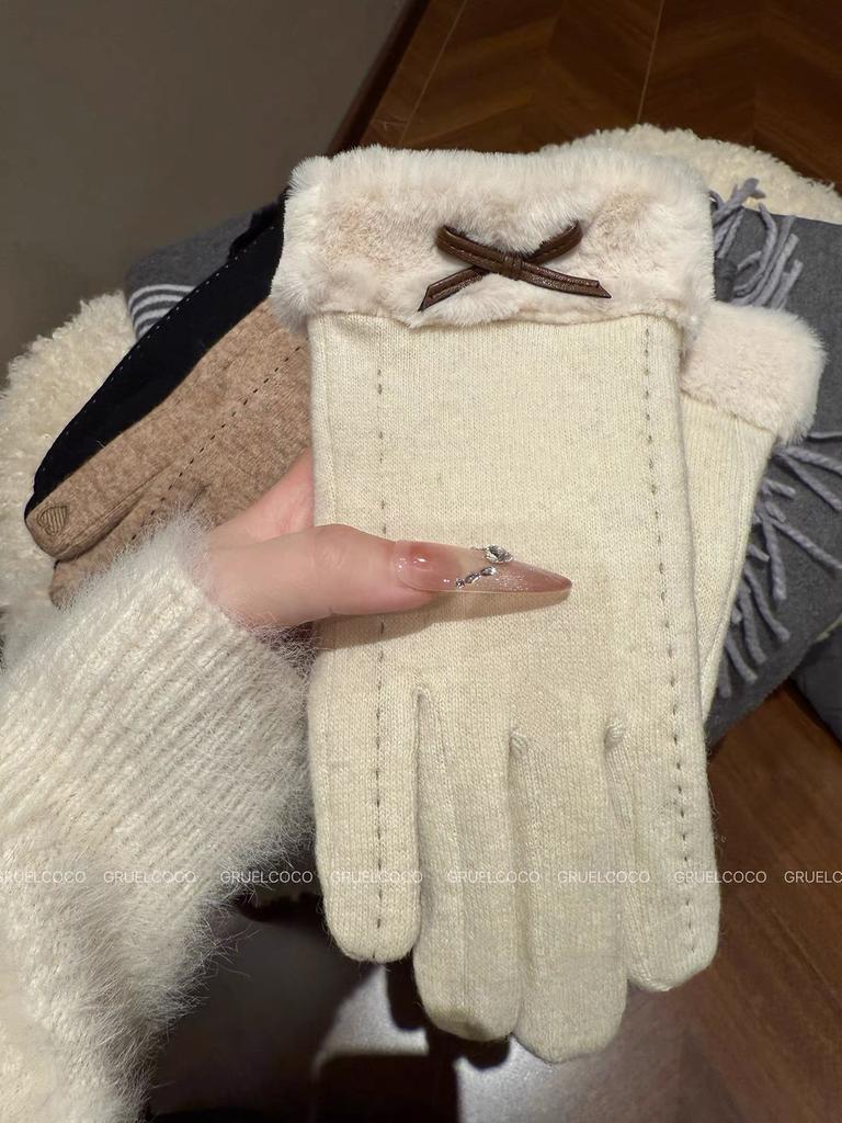 Korean Version of Gloves for Women's Autumn and Winter 2025 New Velvet Cold-proof and Warm Riding Driving Touch Screen Bow Plush Gloves