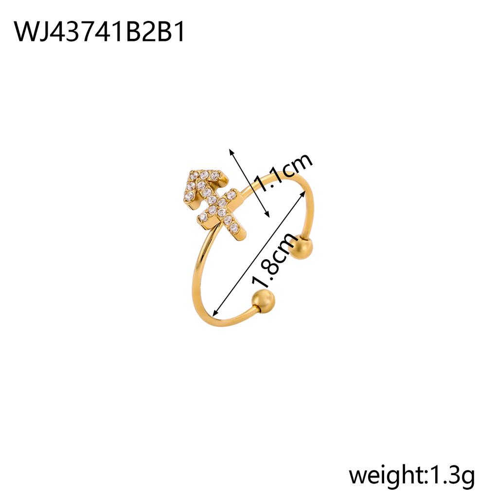 CARLIDANA Vintage Letter Heart Adjustable Gold Plated Stainless Steel 12 Zodiac Sign Zircon Letter Open Ring Jewelry Women