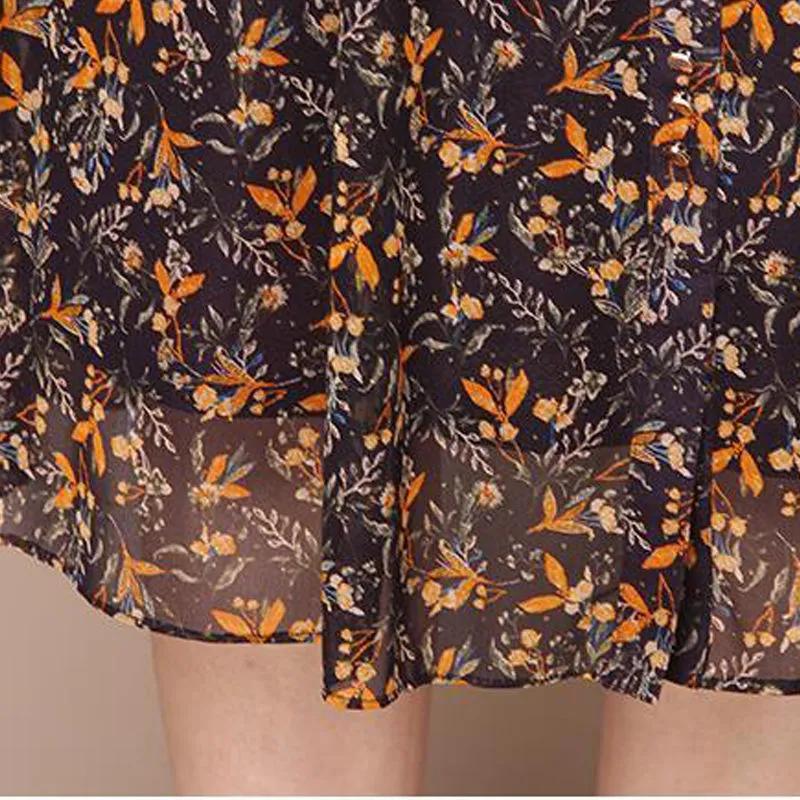 Women's Autumn Mid Length Dress with Slimming Lining and Floral Over The Knee Length Skirt