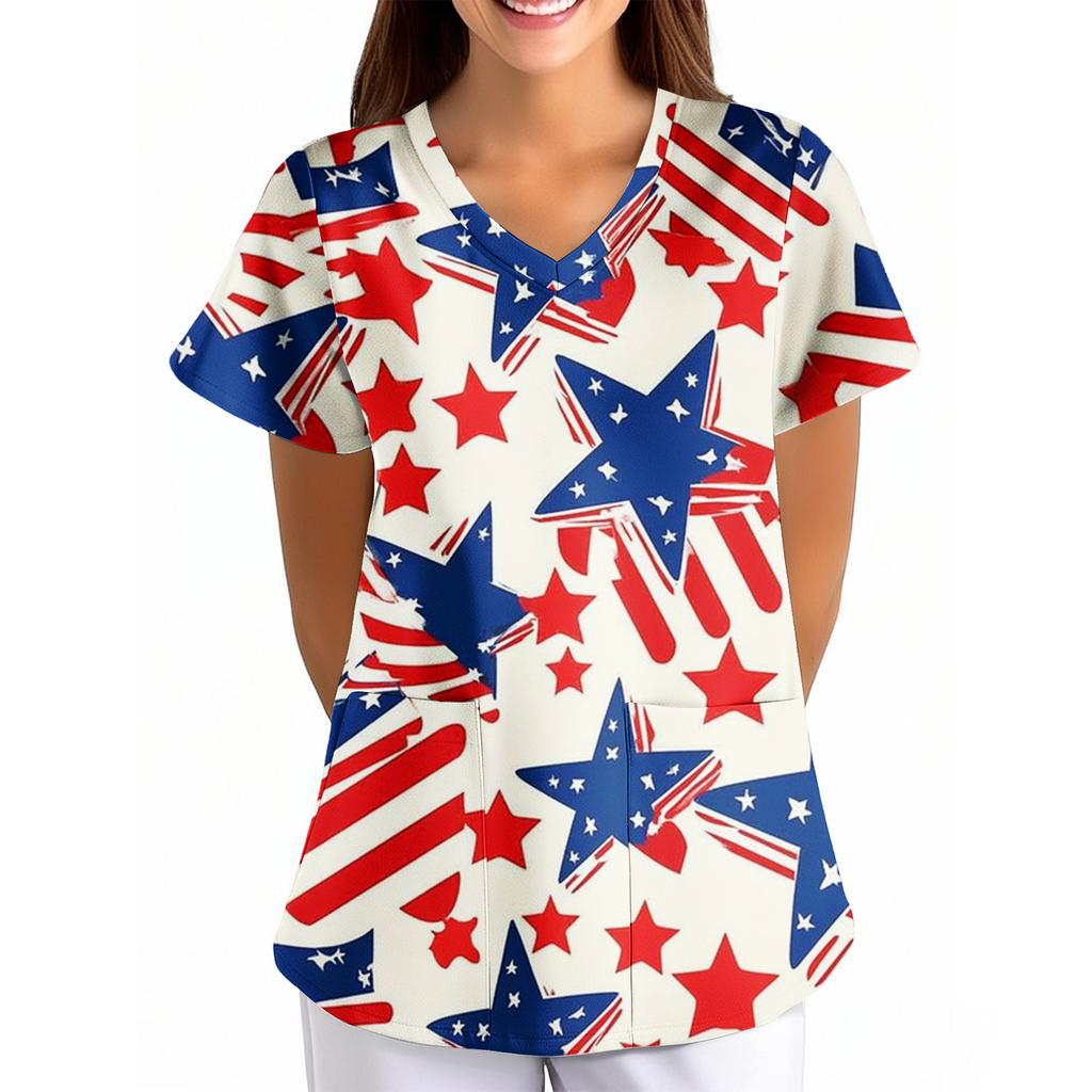 Womens V Neck Short Sleeve Printed Scrub Top Loose Fit with Pocket Comfortable Soft Material for Healthcare Uniforms