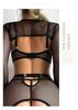 Black Mesh Halter Fishing Net Lingerie Set With Long Sleeves and Metal Ring Accents