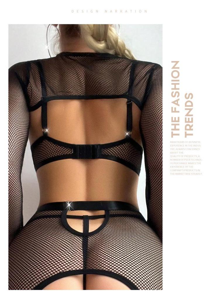 Black Mesh Halter Fishing Net Lingerie Set With Long Sleeves and Metal Ring Accents