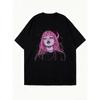 Oversized T Shirt Black Pink Hair Girl With Moon And Stars Print Casual Streetwear For Women