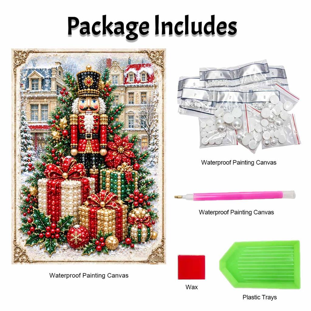Nutcracker Christmas Tree Pearl Painting with Frame 3D Sparkling Canvas Art Relaxing Craft for Bedroom Wall Decor Gift Decorations
