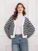 Women's Retro Striped V-Neck Button Knit Cardigan – Long Sleeve, Hollow Design for Autumn/Winter
