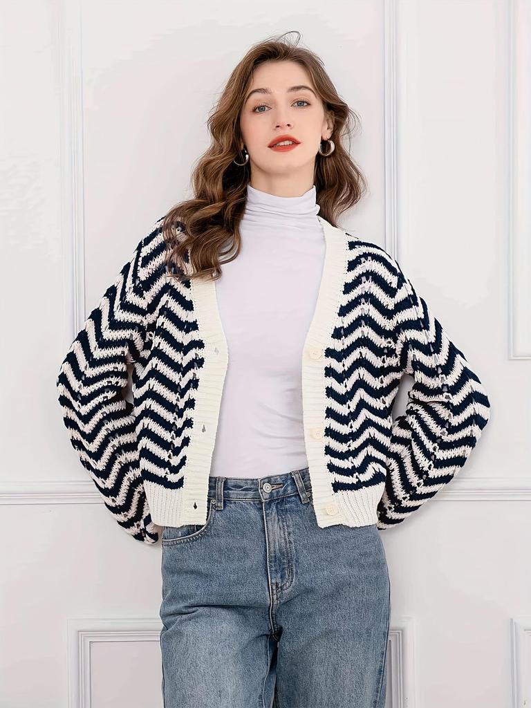 Women's Retro Striped V-Neck Button Knit Cardigan – Long Sleeve, Hollow Design for Autumn/Winter