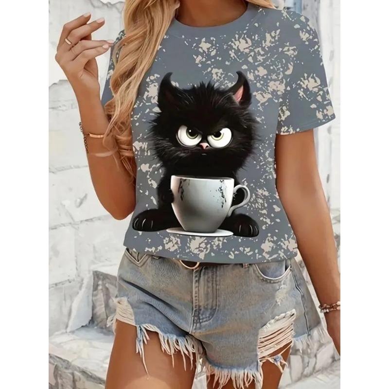 2025 New Fashion Women's T Shirt Lovely Cat 3d Printed T-shirt Women Tshirts Summer O-Neck Short Sleeve Tops Tees Casual Clothes
